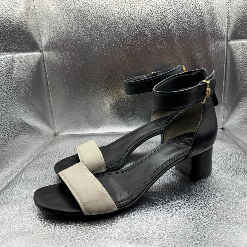 Size 9.5 M Tory Burch Black White Womens Two-Tone Block Heel‎ Strappy Sandals